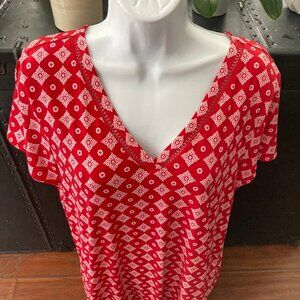 Liz Claiborne Red White Geometric Print Short Sleeve Blouse Large